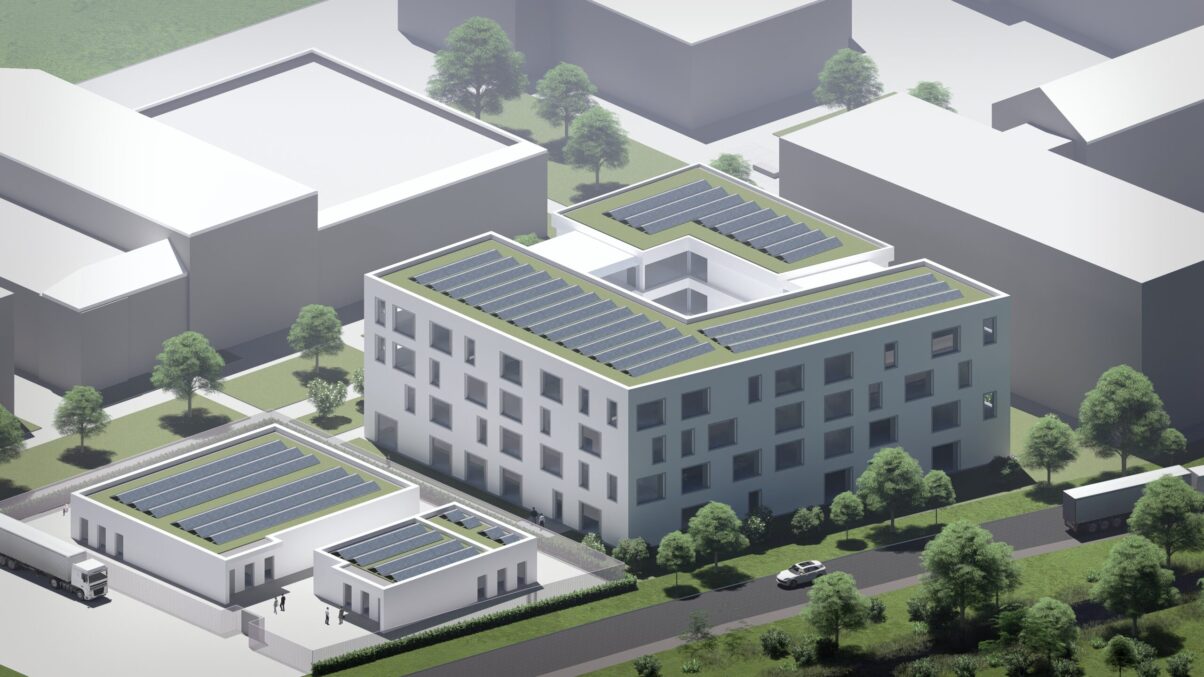 3d-visualisierung campus mit moderner fassade und begrünten dächern