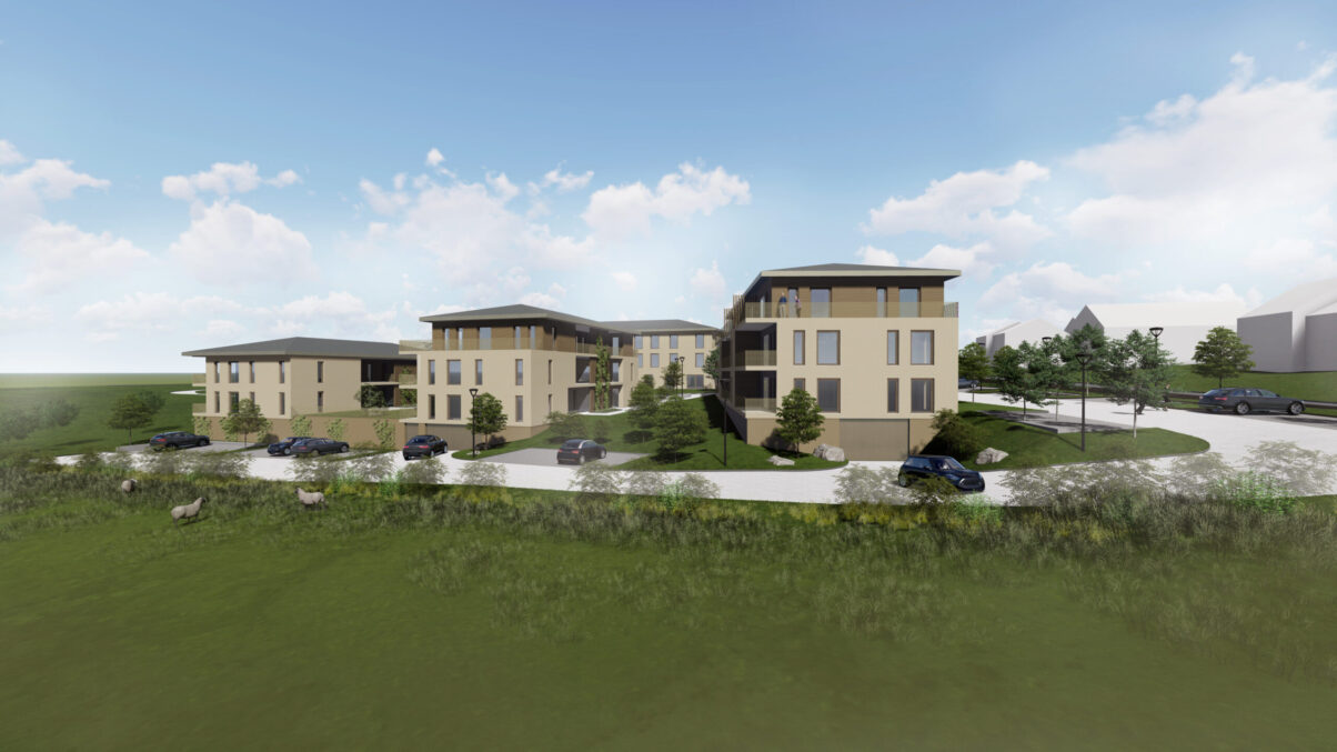 wohnquartier für senioren mit begrünten außenanlagen