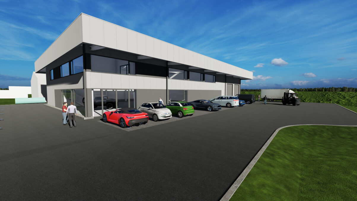 neue gewerbehalle mit parkenden autos und glasfassade