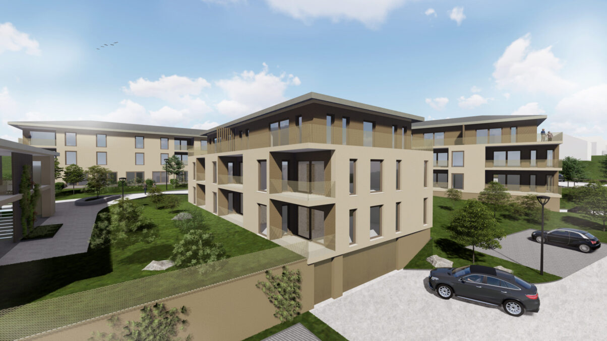 visualisierung seniorenwohnanlage mit balkonen und parkplätzen