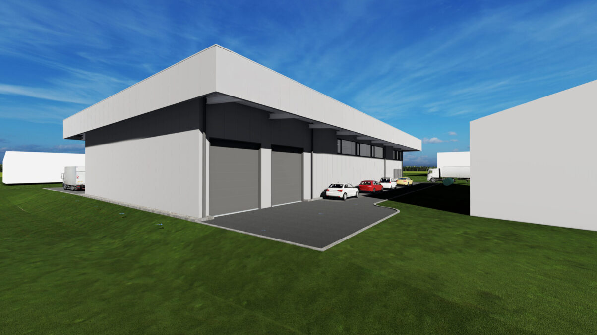 neubau moderne gewerbehalle industriehalle hechingen – ansicht nordost perspektive einer gewerbehalle mit einfahrt und parkflächen