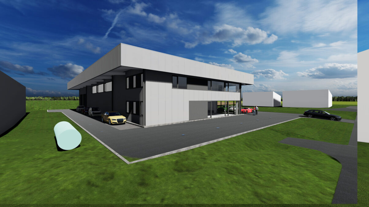 neubau moderne gewerbehalle industriehalle hechingen – ansicht nordwest visualisierung gewerbehalle mit großem vorplatz und zufahrt