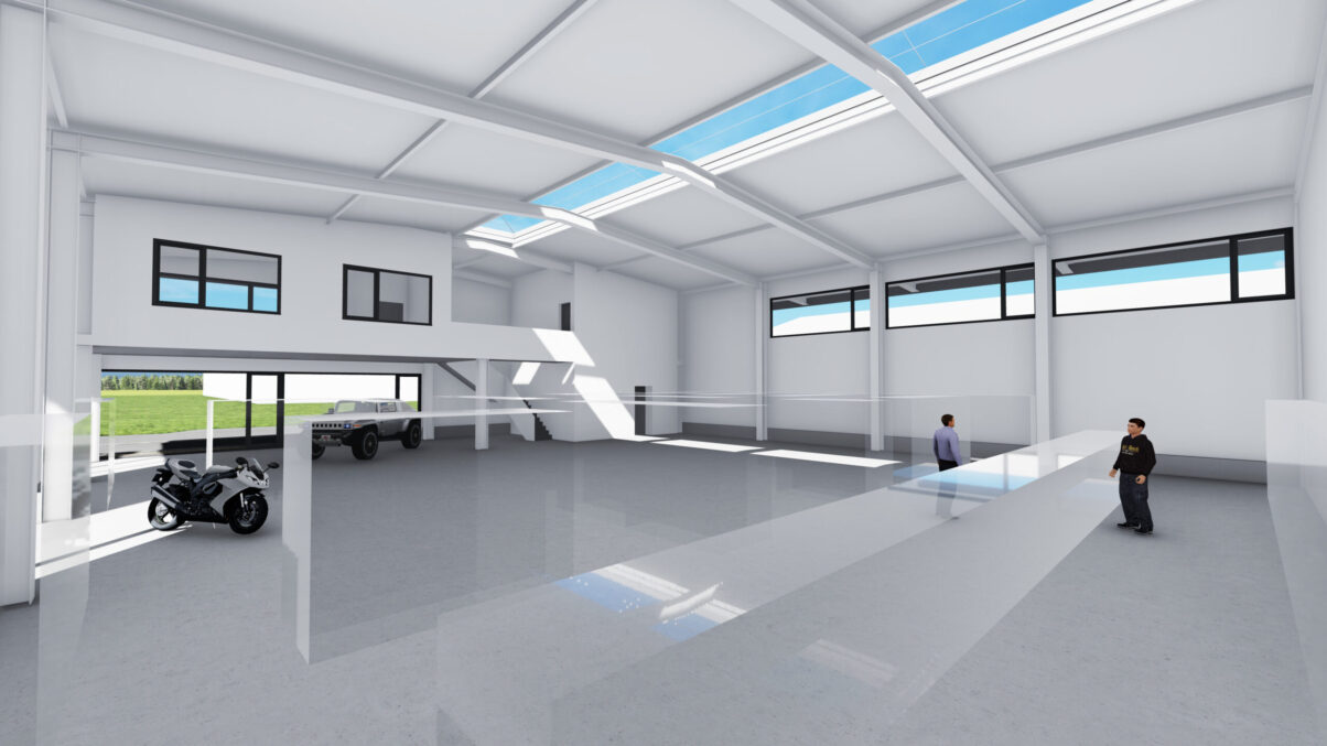 neubau moderne gewerbehalle industriehalle hechingen – ansicht heller innenraum visualisierung einer gewerbehalle mit großen fenstern
