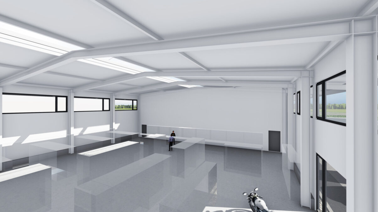 neubau moderne gewerbehalle industriehalle hechingen – innenansicht halle innenansicht einer großen industriebauhalle mit lichtbändern