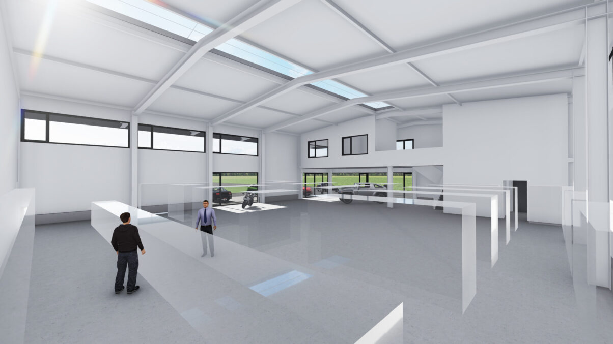 neubau moderne gewerbehalle industriehalle hechingen – innenraum visualisierung architekturvisualisierung eines modernen supermarkts
