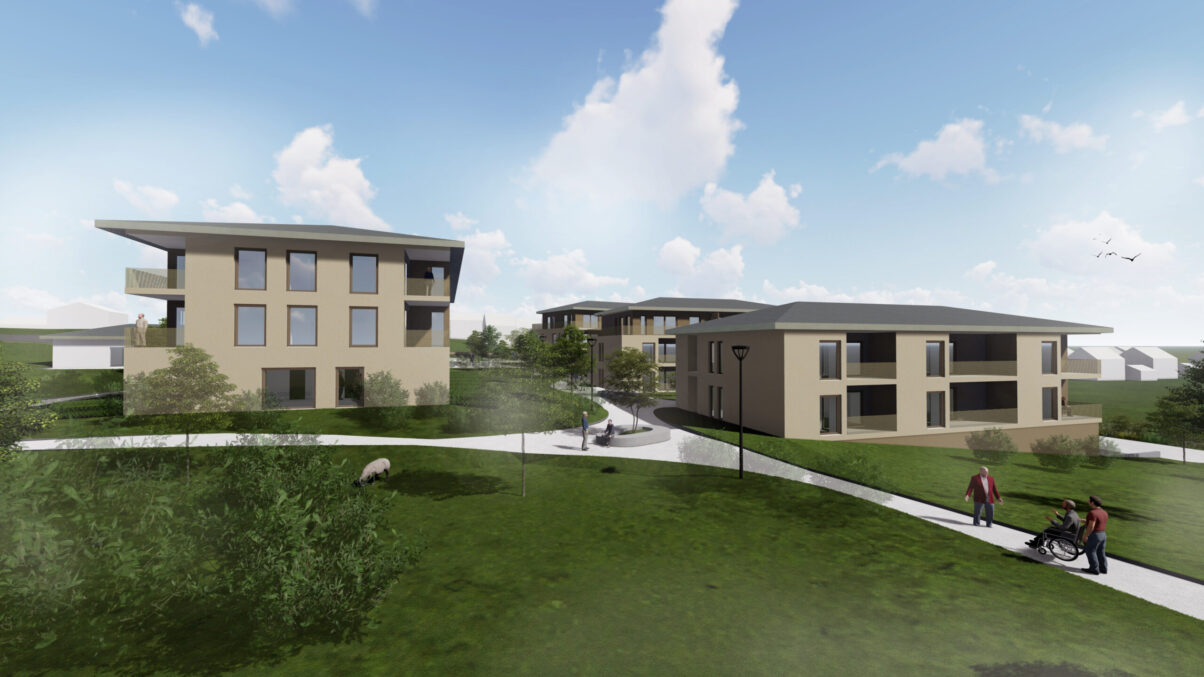 wohngebäude für senioren mit weg und außenbereich