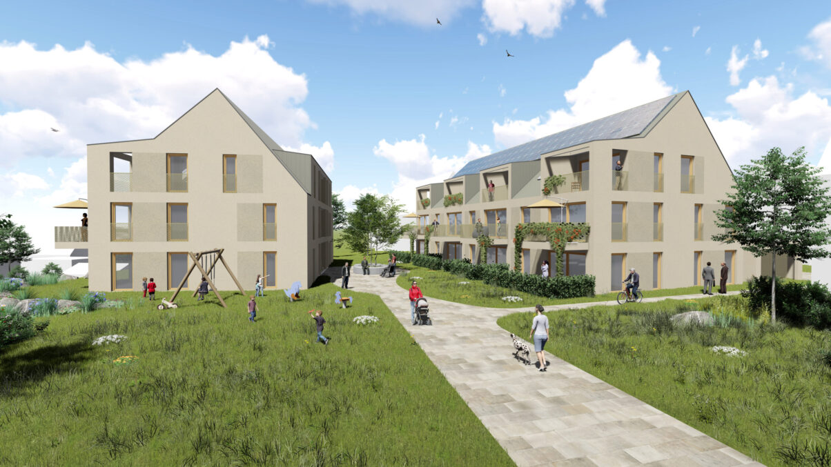 machbarkeitsstudie wohnbebauung ehingen – visualisierung wohnquartier-visualisierung mit grünflächen und mehrfamilienhäusern