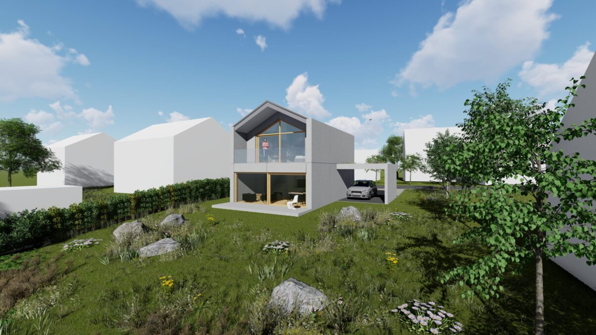 neubau ferienhaus – kompaktes architekturkonzept in holz und beton visualisierung modernes wohnhaus neubau